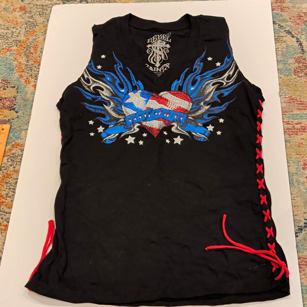 Vtg Rebel Saints By Affliction Graphic Tank Top Black Women's L Grunge Y2K MMA